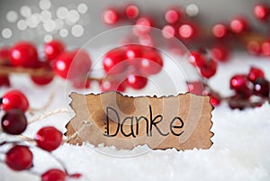 Red Christmas Decoration, Snow, Label, Danke Means Thank You