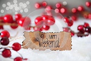 Red Christmas Decoration, Snow, Label, Happy Weekend