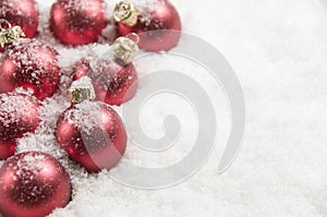 Red Christmas Decorations, Covered In Snow