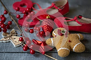 Red Christmas decorations on dark wood surface, Christmas decorations for Christmas tree