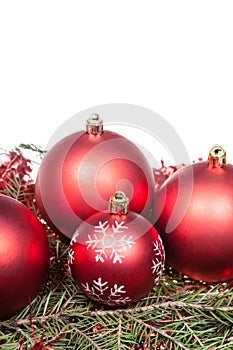 Red Christmas decorations on green tree branch