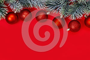 Red Christmas Decorations Red Background Copy Space New Year Composition Flat lay, top view. Minimalistic style