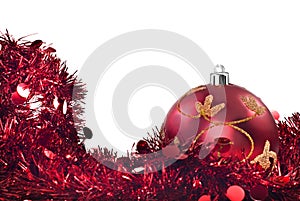 Red christmas decorations on white