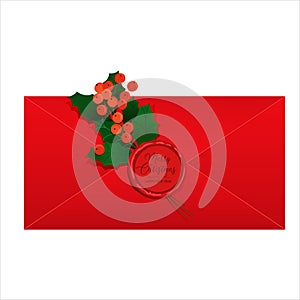 Red Christmas envelope with wax seal and holly branch