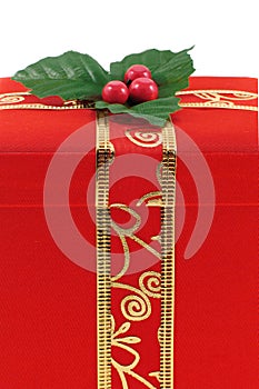 Red Christmas gift box with gold ribbon