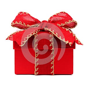 Red Christmas gift box with red bow and ribbon on white