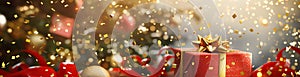 Red christmas gift boxes with gold ribbons are laying on a surface with golden and red confetti exploding in the background