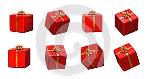 Red christmas gifts on white background, different angles of view