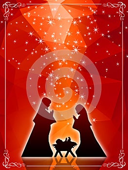 Red Christmas greeting card background with Nativity Scene