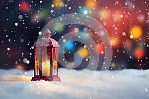 A red Christmas lantern with a candle inside stands in the snow. Winter background with blurred colorful lights and copy space