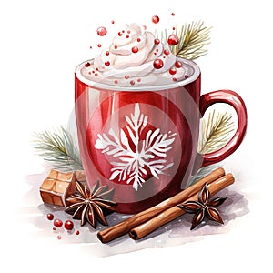 A red Christmas mug with hot chocolate and cream. Generative AI
