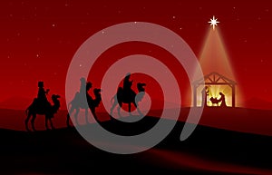 Red Christmas Nativity scene. Greeting card background.