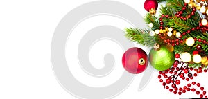 Red Christmas and New Year border Decoration, isolated on white background. Border art design with holiday baubles