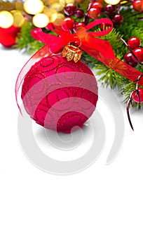 Red Christmas and New Year Decoration isolated on white background. Border art design with holiday bauble