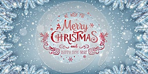 Red Christmas and New Year Text on blue Xmas background with snow fir branches, snowflakes, light, stars. Merry Christmas card
