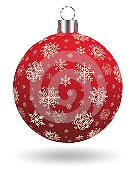 Red Christmas ornament or ball vector with snowflakes on isolated white background.