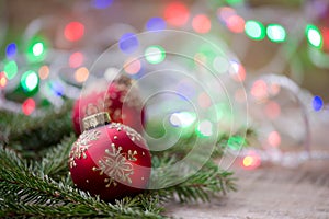 Red Christmas ornament balls, fir tree decoration