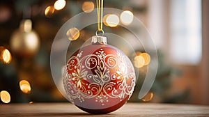 A red christmas ornament with gold designs on it, AI