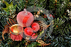 Red Christmas ornament hanging on a Christmas tree