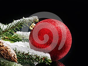 Red Christmas Ornament With Snowy Branches