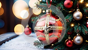 Red Christmas Ornament on Tree Amidst Festive Lights and Snow