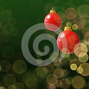 Red Christmas ornaments on dark green background