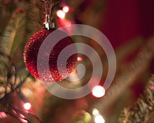 Red Christmas Ornaments with Red and White Lights