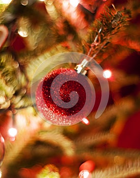 Red Christmas Ornaments with Red and White Lights