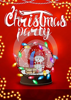 Red Christmas party poster with garland and snow globe with snowman