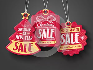 Red Christmas sale paper tags vector set with different shapes and hand drawn elements