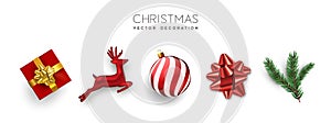 Red christmas set 3d holiday object isolated