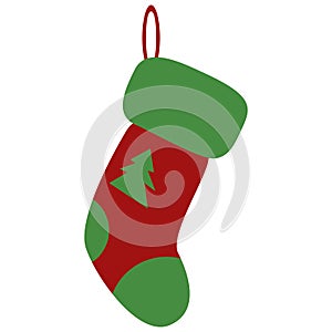 Red Christmas sock with green xmas tree. White fur, wool, stocking, tree. Xtmas concept. Vector illustration can be used