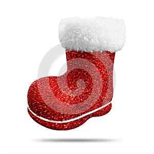 Red christmas sock with shiny texture isolated on white background. Christmas stocking or shoes