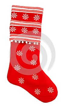 Red christmas sock with snowflakes for gifts. Holidays symbol