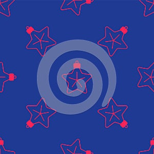 Red Christmas star icon isolated seamless pattern on blue background. Merry Christmas and Happy New Year. Vector