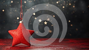 Red Christmas Star Ornament Hanging on Starry Backdrop