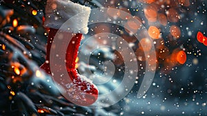 Red Christmas Stocking Hanging on Tree with Snow and Bokeh Lights