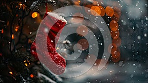 Red Christmas Stocking Hanging on Tree with Snow and Bokeh Lights