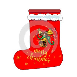 Red christmas stocking with jingle bells and lettering merry christmas isolated on the white background. Vector illustration