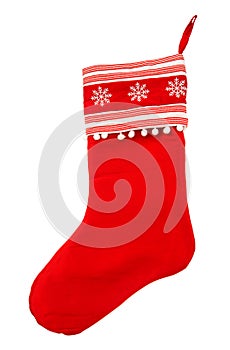 Red christmas stocking for Santas gifts on a white background