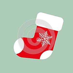 Red Christmas stocking with white snowflake on green background. Vector Christmas gift sock. Flat vector Illustration. Simple desi