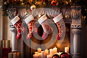 Red Christmas stockings on the mantelpiece and gifts near the fireplace. Beautifully decorated living room for the New