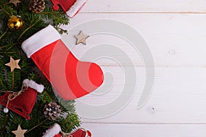 Red Christmas stockings on a white wooden background, Sinterklaas Saint Nicholas Day