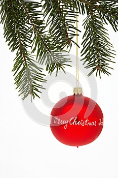 Red Christmas Tree Ball with spruce - rote Weihnachtskugel mit T photo