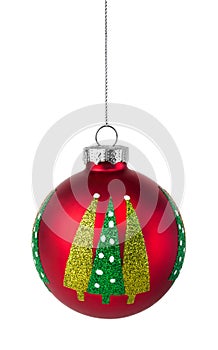 Red Christmas tree bauble hanging on a string