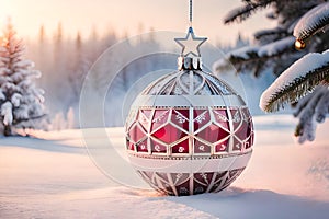 Red Christmas tree decoration or Christmas ball decor sit on the white snow on holiday snowy beautiful soft dreamy winter