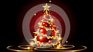 Red Christmas Tree logo make by Baubles and gold ribbon with glitter star in red background