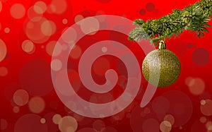 Red Christmas tree scene background. Fir tree with golden glitter ball