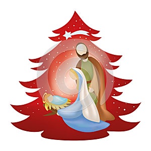 Christmas tree nativity scene with holy family on red background