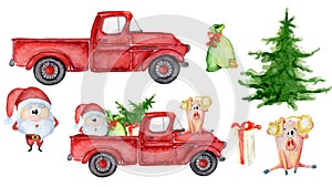 Red Christmas truck creator with pig, santa and gifts New year watercolor illustration